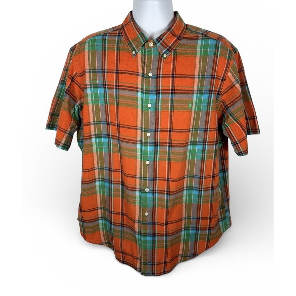 Ralph Lauren Men's Classic Fit Plaid Shirt SZ XL Short Sleeve Orange Green -1500